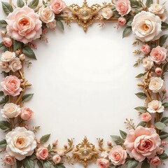 Elegant Floral Frame with Peach Roses and Golden Ornate Accents