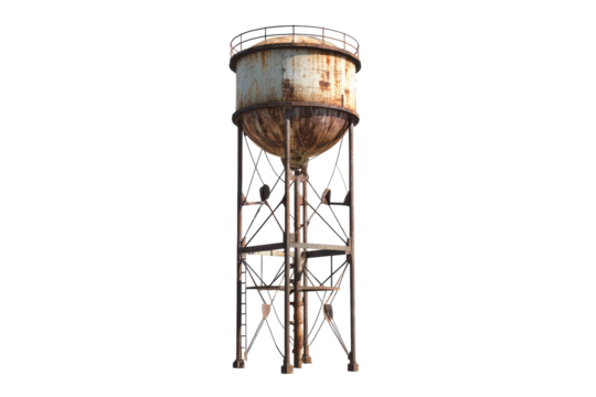 Rusty water tower standing tall against a bright sky in an urban setting, revealing its history isolated on transparent background