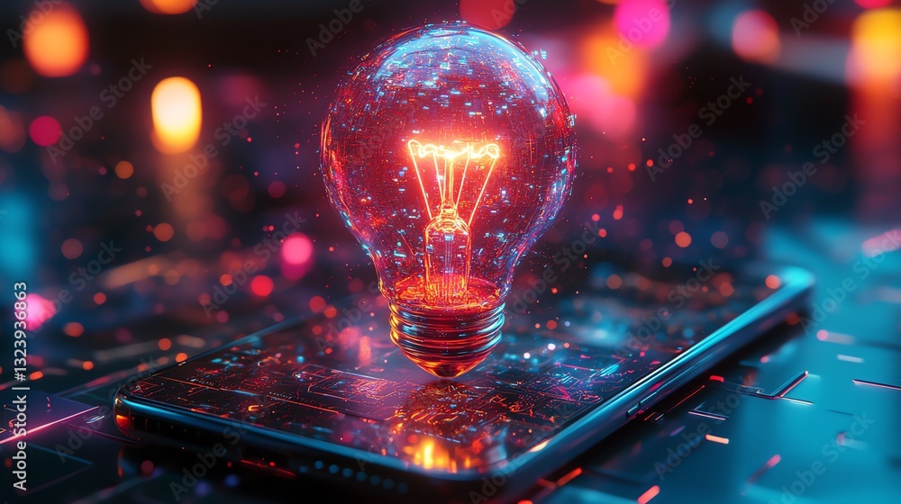 Aufkleber digital hologram of a light bulb hovering over a smartphone, cyberpunkinspired lighting, futuristic 