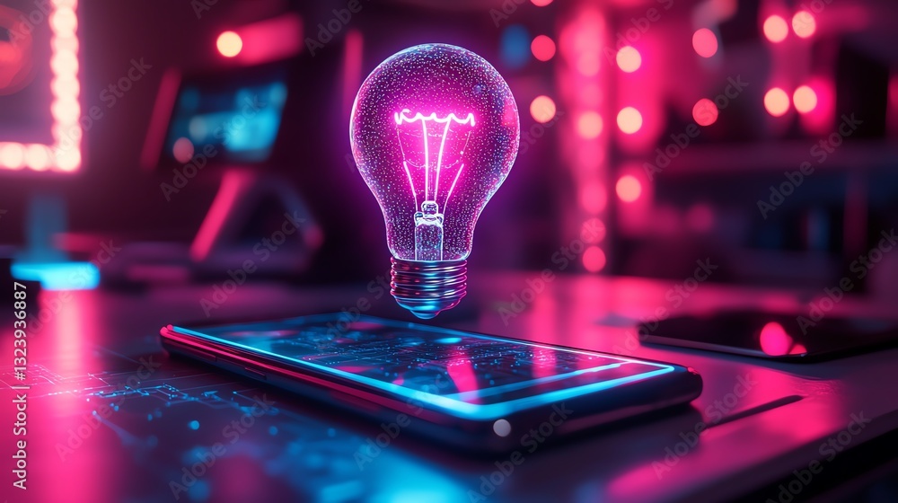 Aufkleber digital hologram of a light bulb hovering over a smartphone, cyberpunkinspired lighting, futuristic 