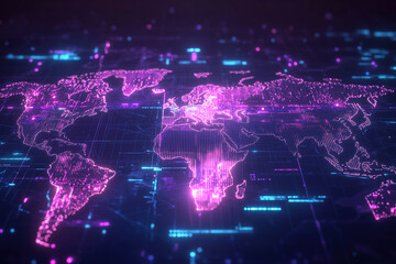 Fototapeta premium A futuristic topographic world map, featuring neon-glowing contour lines. The background is dark.
