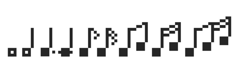 Vector pixel notes. Collection of music signs in  a retro 8 bit digital style. For musical apps, web design, stickers and banners.