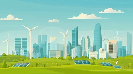 Futuristic urban landscape featuring wind turbines solar panels and skyscrapers surrounded by a green eco friendly environment showcasing sustainable development and clean energy technology