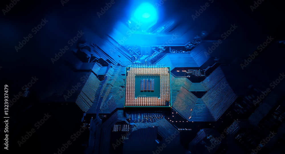 Poster a detailed view of a golden cpu chip on a dark blue circuit board, brightly illuminated by a cool bl