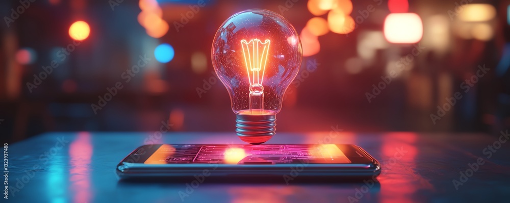 Aufkleber glowing digital hologram of a light bulb over a smartphone, futuristic workspace, neon light effects