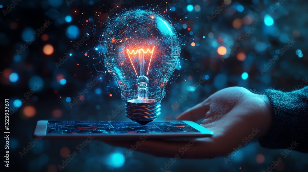 Poster glowing lightbulb with business strategy sketches hovering over a hand holding a tablet, futuristic 
