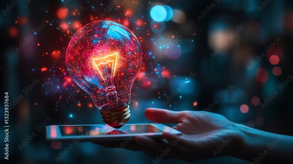 Poster glowing lightbulb with business strategy sketches hovering over a hand holding a tablet, futuristic 