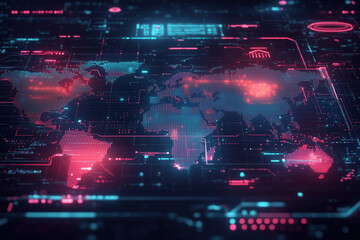 Obraz premium A futuristic topographic world map, featuring neon-glowing contour lines. The background is dark.