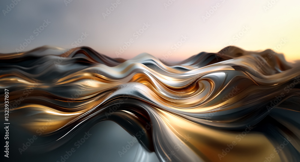 Poster abstract metallic waves in gold and silver hues undulate across a smooth landscape under a soft, gra