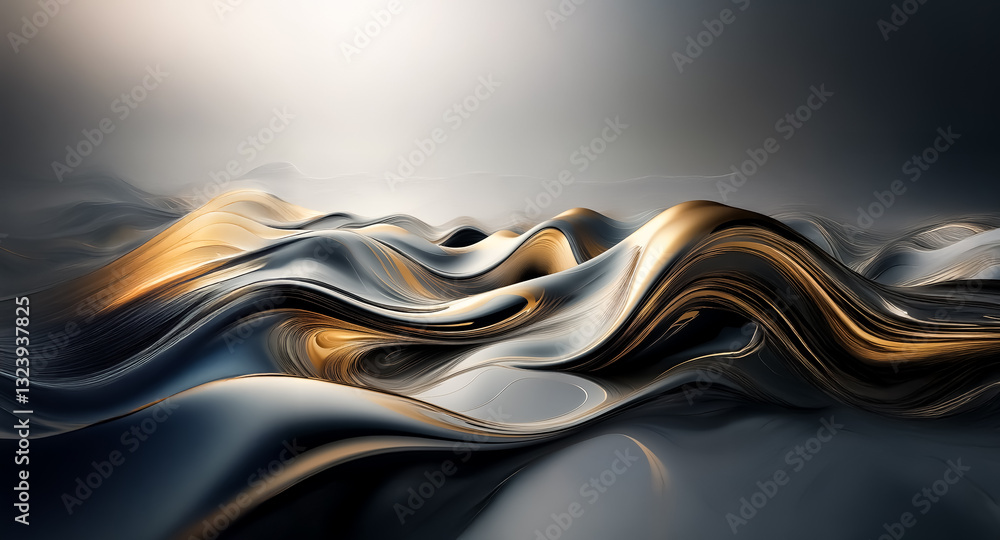 Poster Abstract waves in gold and dark grey flow smoothly, creating a dynamic and elegant movement. Light from above illuminates the fluid forms, highlighting the textures and curves.