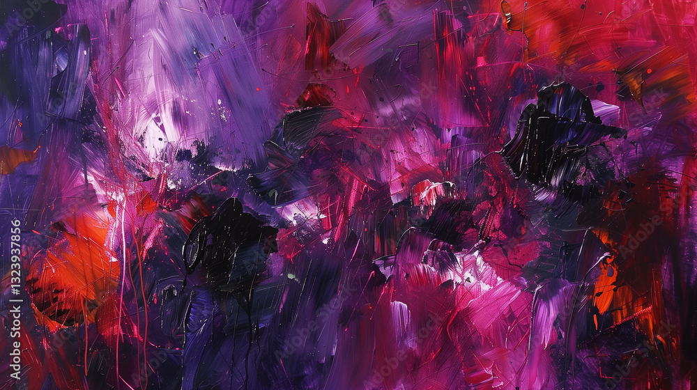 Poster bold, chaotic strokes of deep purples and fiery reds create an intense and emotional abstract expres