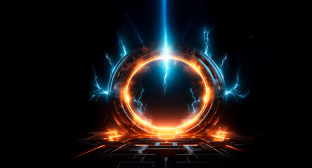Futuristic circular portal emits vibrant orange and blue electric energy on a dark platform, suggesting a gateway for energy or teleportation.