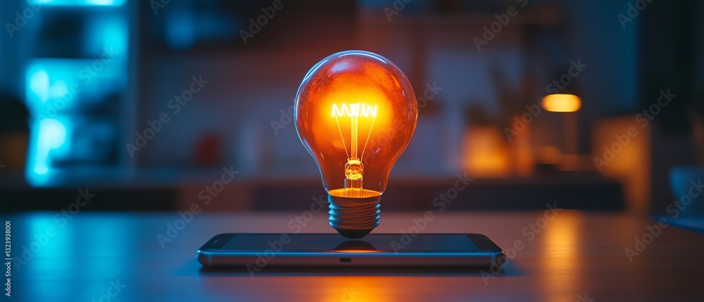Aufkleber holographic light bulb projection from a smartphone on a desk