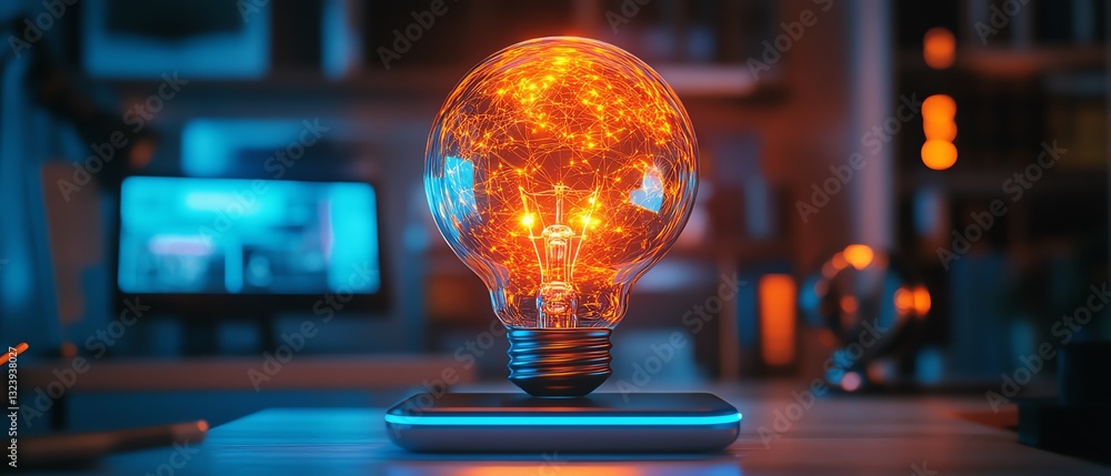 Aufkleber holographic light bulb projection from a smartphone on a desk