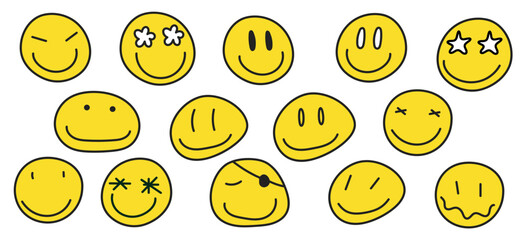 Smiley Gesichter Vektorillustration isoliert Emoji Gesichter Sammlung. handgezeichneter Stil, Emoticons-Set, Icon Bewertung