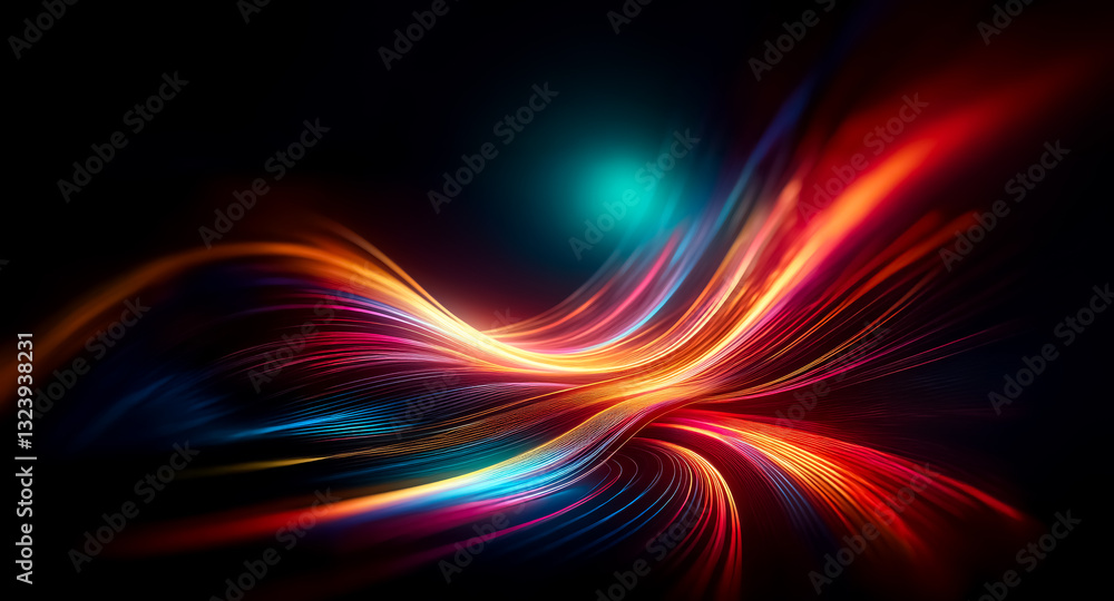 Poster vibrant abstract image featuring dynamic flowing light streaks in orange, red, blue, and purple hues