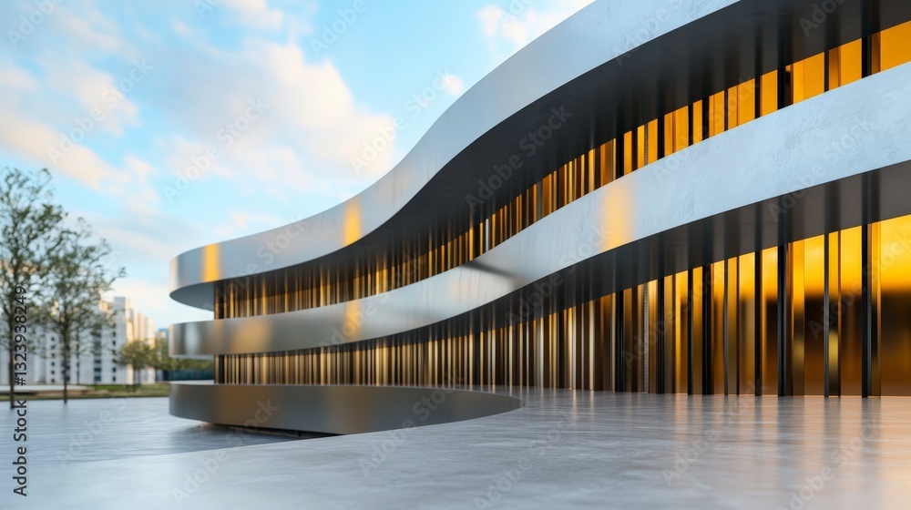Poster modern architectural design featuring curved lines and dynamic facade in urban environment during br