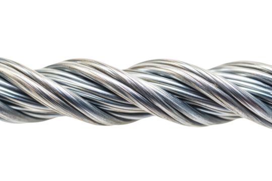 Twisted metal wire glistens under bright light emphasizing its rugged texture and strength isolated on transparent background