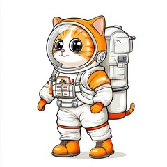 Cartoon Orange Tabby Cat Astronaut With a Spacesuit and Helmet on White Background