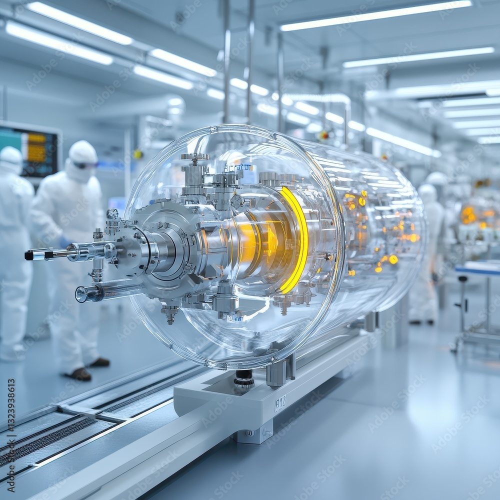 Poster futuristic transparent spherical device with intricate internal components in a modern high tech res