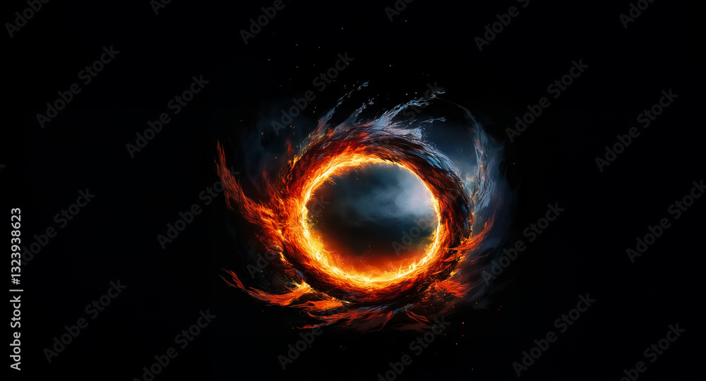 Poster a blazing ring of fire and smoke dominates a stark black backdrop. intense heat radiates from the ci