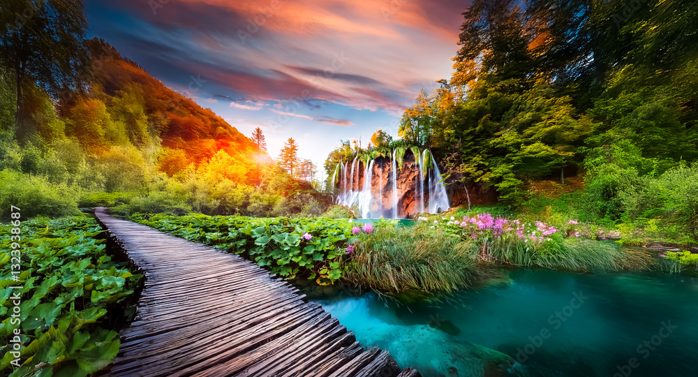 Poster a wooden path leads to a scenic waterfall flowing into a turquoise pond, surrounded by lush trees un