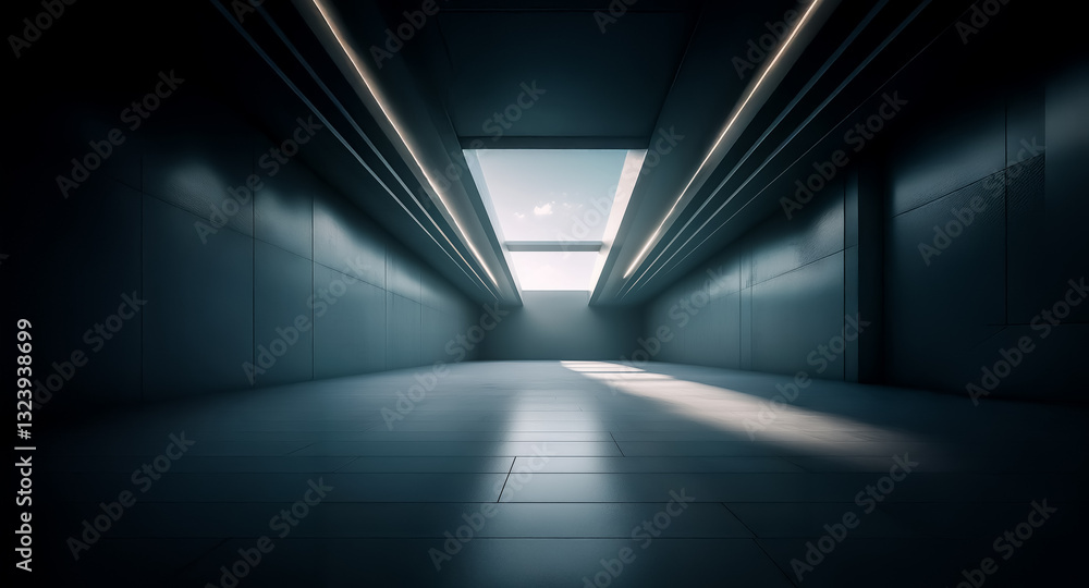 Aufkleber a dimly lit, empty corridor with a perspective view. light enters from a ceiling window, illuminatin