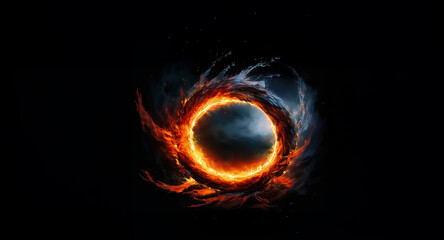 A blazing ring of fire and smoke dominates a stark black backdrop.  Intense heat radiates from the circular vortex, creating an ethereal and dramatic spectacle of elemental power.