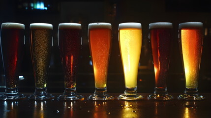 Beer mugs of different colors with foam arranged in a row on a bar table