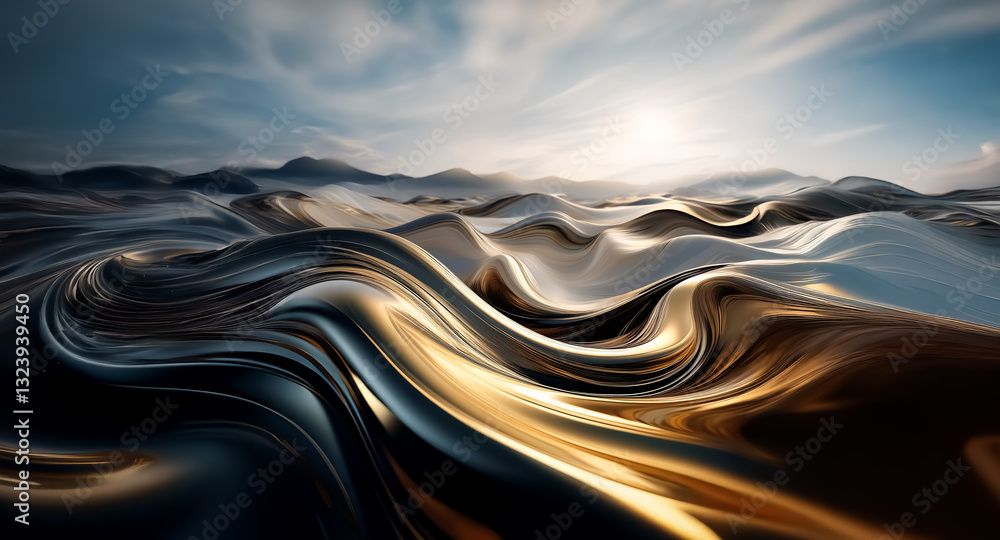 Poster Abstract landscape featuring fluid, metallic waves under a bright sky. Sunlight reflects on the undulating surfaces creating a dynamic and surreal scene.