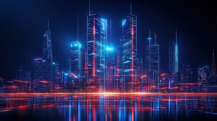 Stunning night cityscape featuring futuristic skyscrapers illuminated buildings and their reflections in the water creating a mesmerizing and technologically advanced urban landscape