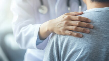 Compassionate female doctor comforting adult asian male patient in medical setting