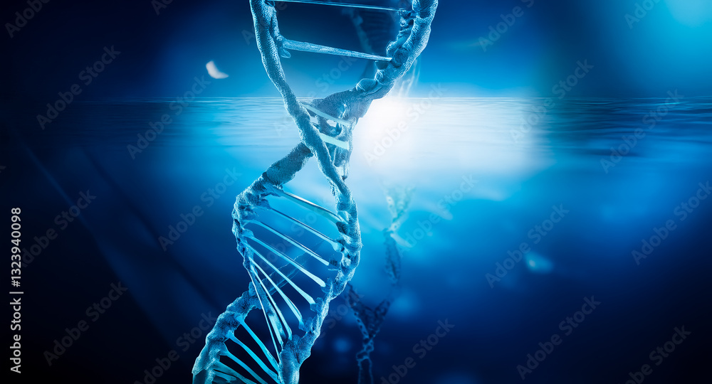 Poster illuminated dna strand helix in a blue gradient backdrop, representing genetic code and biological s