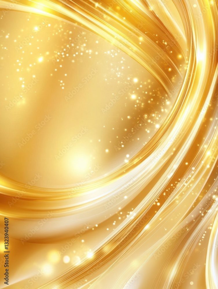 Poster abstract gold design with flowing curves and shimmering sparkles, a sophisticated backdrop