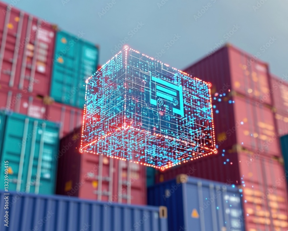 Poster a digital payment hologram hovering above a shipping container in a port.