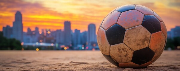 A worn soccer ball rests in front of a city skyline at sunset