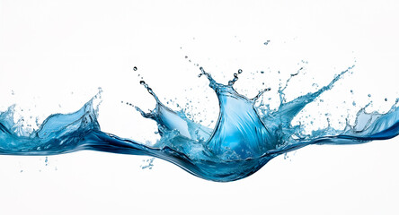 Vibrant blue water bursts forth in a dynamic splash, creating a wave-like form against a stark white backdrop. The clear liquid conveys freshness and motion.