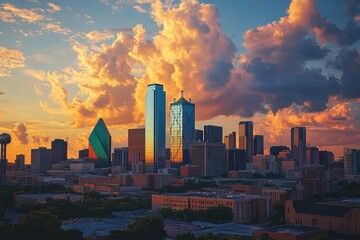 Fototapeta premium dramatic urban skyline at golden hour with gleaming glass skyscrapers reflecting sunset hues, dramatic clouds casting dynamic shadows, creating a powerful symbol of ambition and economic prosperity