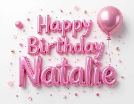 Celebrating Natalie's Birthday with Pink Balloons and Confetti on White Backdrop