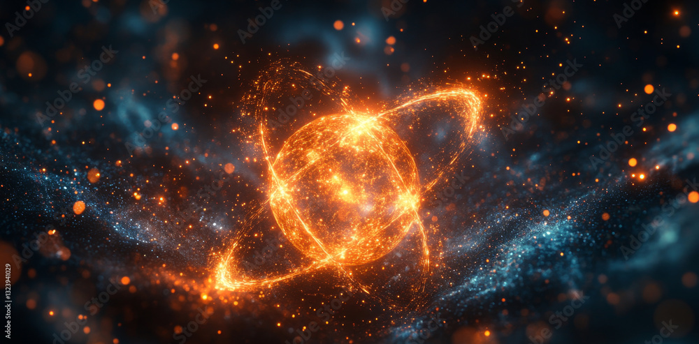 Poster This visual illustrates quantum mechanics, showcasing particles in superposition and entangled states against a cosmic background, emphasizing key concepts of fundamental physics.