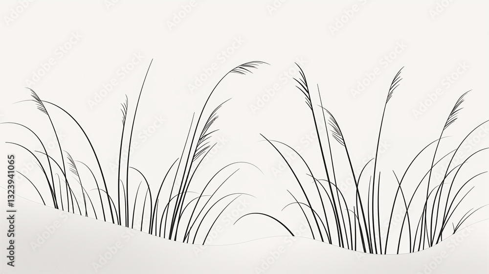 Poster elegant, continuous lines form a minimalist drawing that embodies the gentle swaying of grass in the