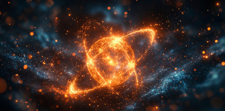 This visual illustrates quantum mechanics, showcasing particles in superposition and entangled states against a cosmic background, emphasizing key concepts of fundamental physics.