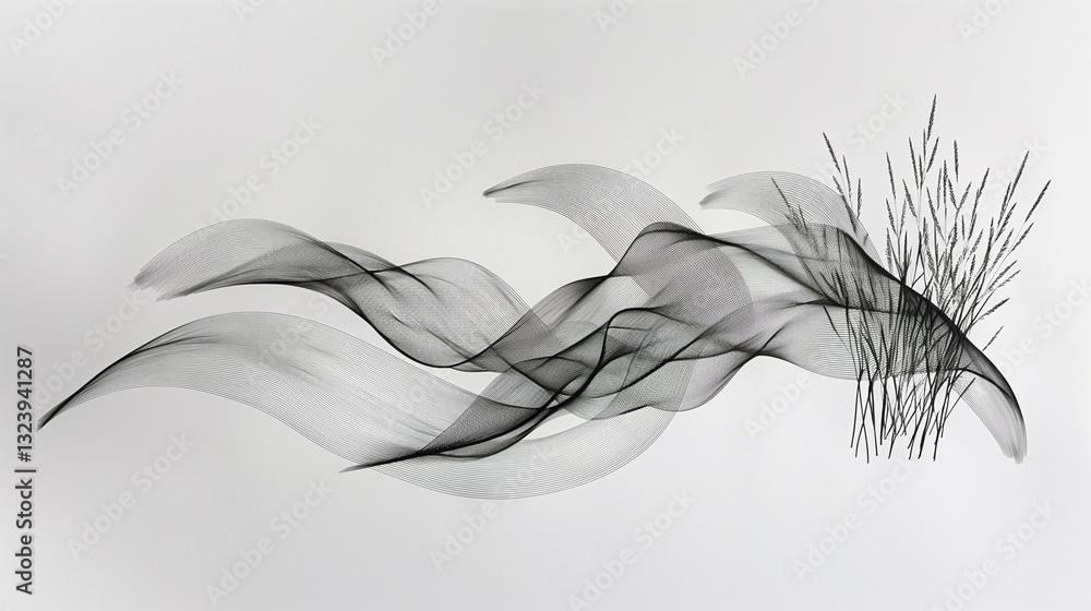 Poster elegant, continuous lines form a minimalist drawing that embodies the gentle swaying of grass in the