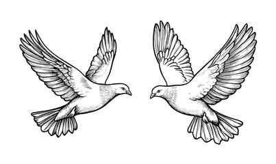 Obraz premium Two doves flying with wings spread, black and white linear icons set vector.