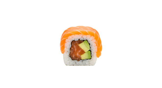 Fresh Salmon and Avocado Sushi Roll on Transparent Background