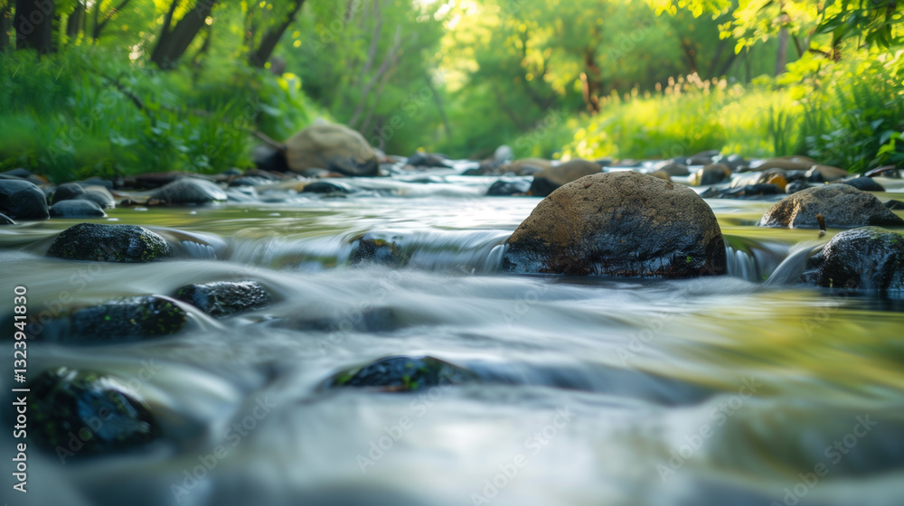 Poster interconnected strokes in a minimalist style capture the serene movement of a tranquil stream.