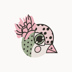 Cute illustration with a bird head with big eyes and a flower. Vector print, postcard, design element