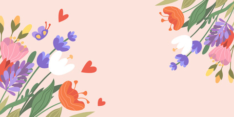 Spring background with blooming flowers in vector, flat style.