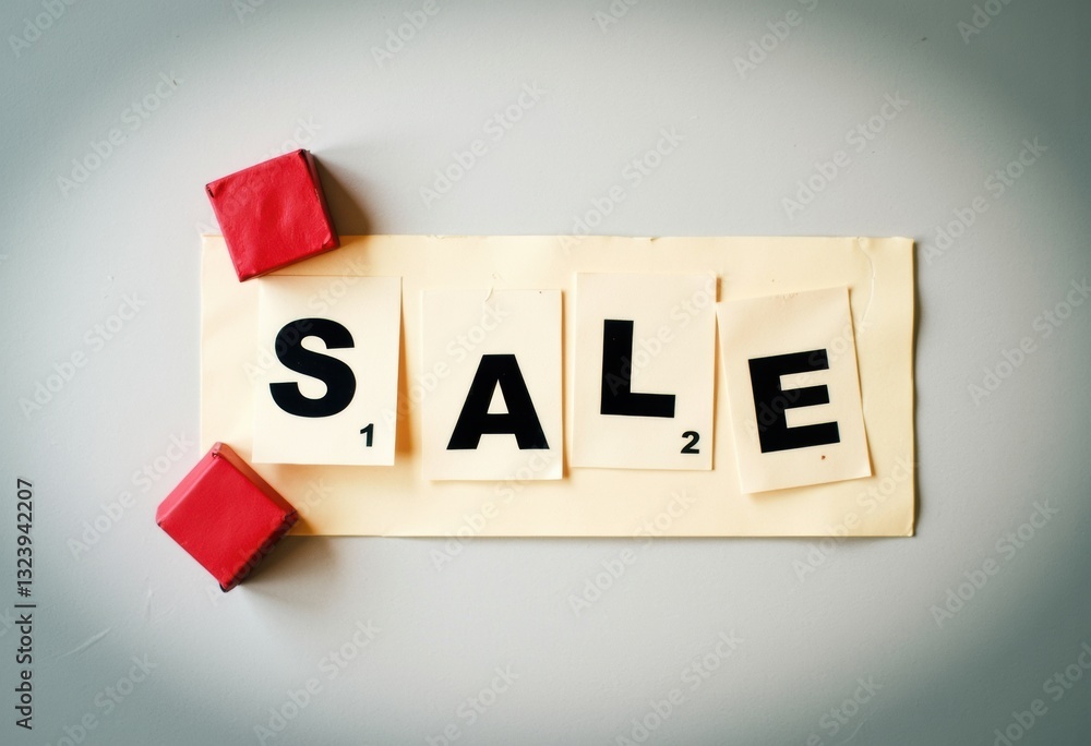 Poster sale promotion display with bold letters and red blocks on a neutral background