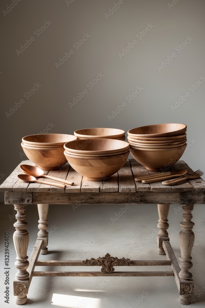 Poster stacked wooden bowls with utensils arranged on a rustic table in a minimalist setting